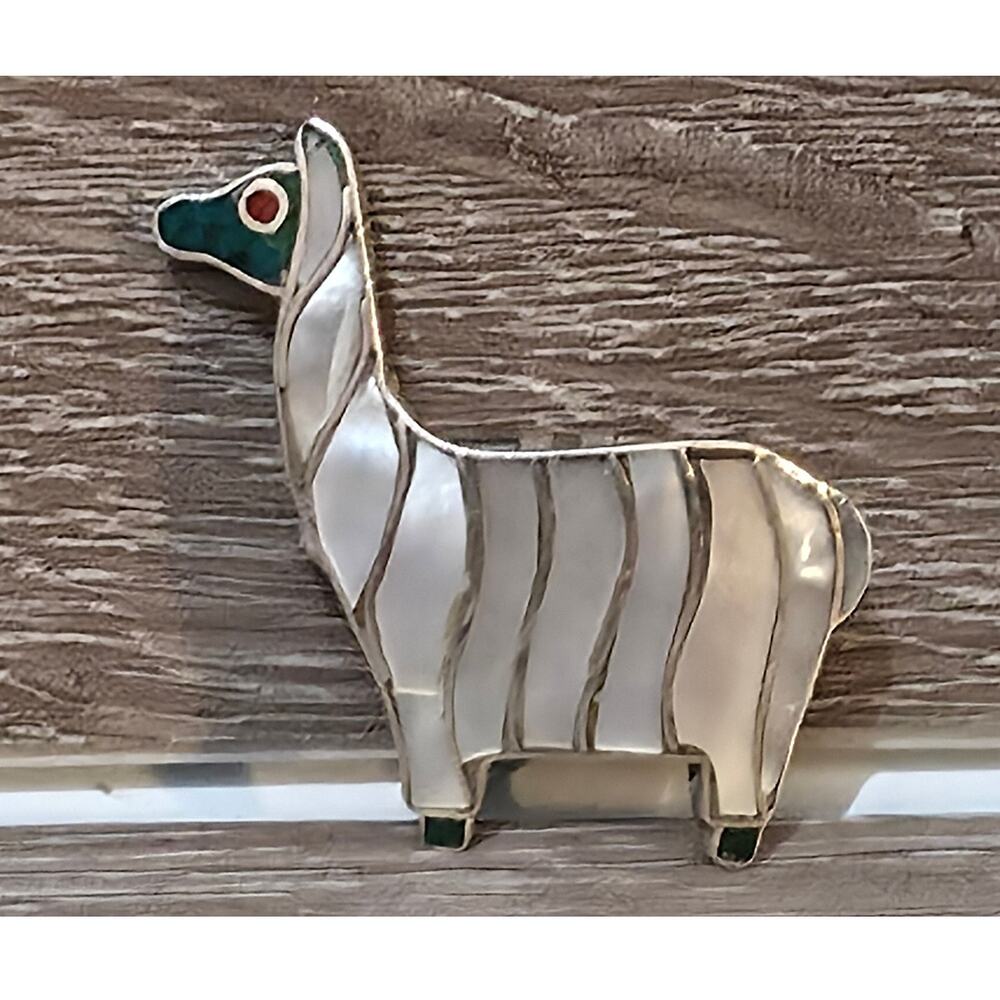 950 Silver Llama Pin Brroch Pendant Vintage Mother of Pearl and Turquoise 1.5"